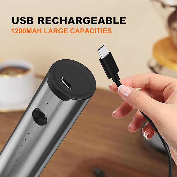 Soenglyun Rechargeable Milk Frother with Stand, 3 Speeds Drink Mixer Handheld with 2 Heads, Electric Frother Wand for Coffee, Latte, Cappuccino, Hot Chocolate, Matcha and Egg Mini Frother, Silver