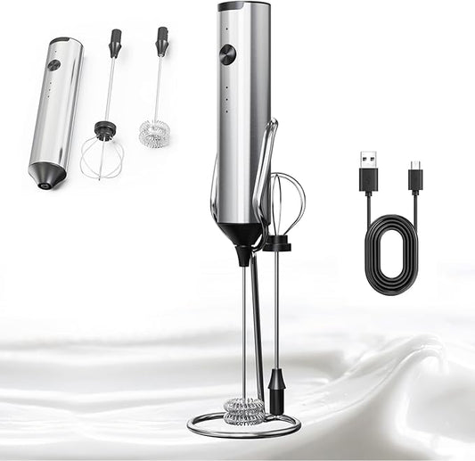 Soenglyun Rechargeable Milk Frother with Stand, 3 Speeds Drink Mixer Handheld with 2 Heads, Electric Frother Wand for Coffee, Latte, Cappuccino, Hot Chocolate, Matcha and Egg Mini Frother, Silver