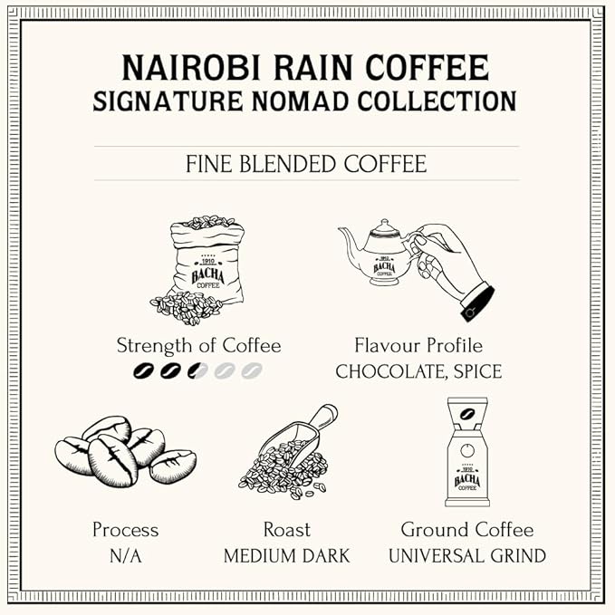 Bacha Coffee | Nairobi Rain Fine Blended, Whole Beans, Medium Dark Roast, 100% Arabica Specialty Coffee, 250g Signature Nomad Collection, Gift Box