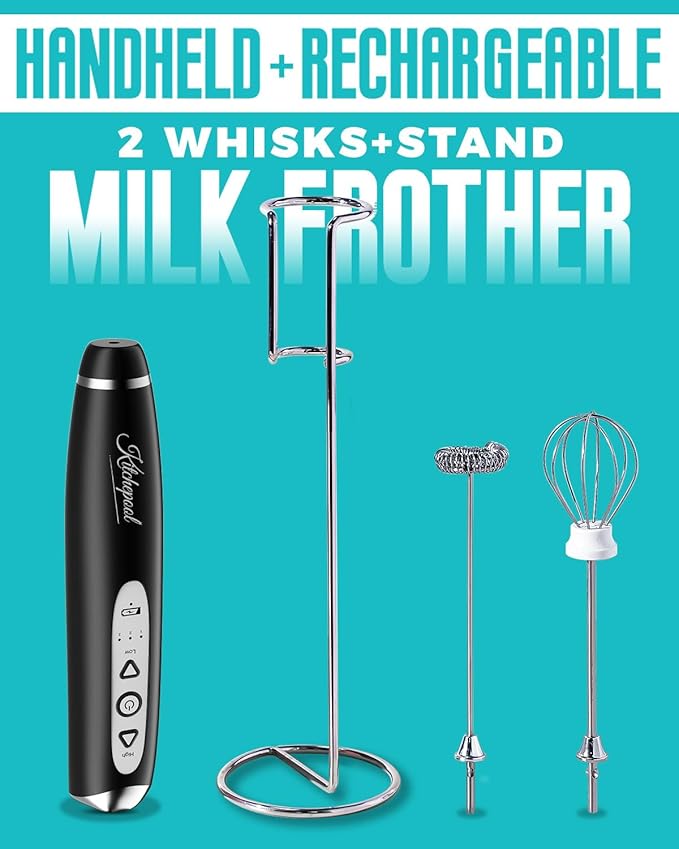 Kitchepool Rechargeable Milk Frother Wand with Stand for Coffee, Electric Whisk with 3 Speed Adjustable, Drink Mixer Handheld for Lattes, Cappuccino, Hot Chocolate, Egg, Dark Black
