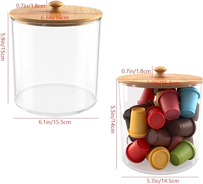 yaenoei 2 Pack Coffee Pod Holder with Bamboo Lid, Clear Coffee Pods Storage Basket Large Capacity K Cup Holder for Kitchen Countertop, Coffee Filter Holder, Cafe Bar Organizer, Office Desktop