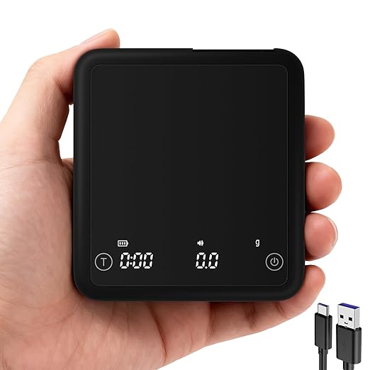 Rechargeable Mini Coffee Scale with Timer, 2kg/0.1g Accurate Scale for Espresso and Pour-Over Coffee, Portable Digital Kitchen Scale with Automatic Timing, LED Display, Silent Mode(Black)