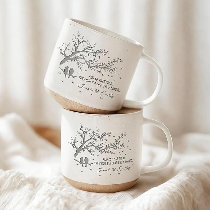 Personalized Love Birds Pottery Mug 12oz, Custom Couple Tree Design Coffee Mug with Names, Engagement, Wedding & Anniversary