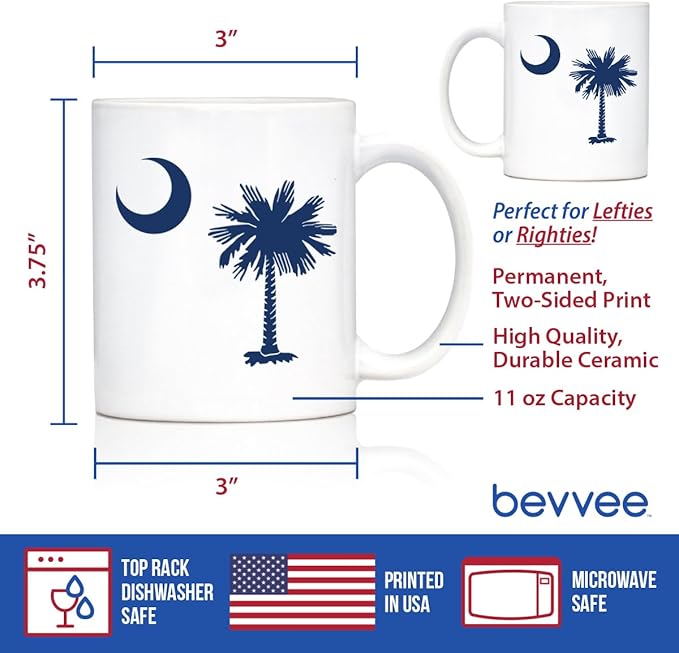 Bevvee South Carolina Flag Coffee Mug - State Themed Drinking Decor and Gifts for South Carolinians - 11oz White Ceramic Mug
