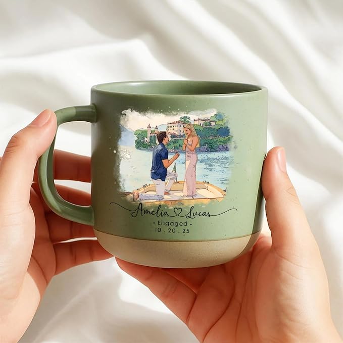 Personalized Couple Photo Pottery Mug 12oz, Custom Engagement, Wedding & Anniversary Coffee Mug, Handmade Ceramic Mug with Names, Date, Romantic Gift for Couple