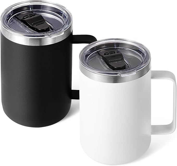 Volhoply 16oz Insulated Coffee Mug with Lid and Straw, Stainless Steel Travel Mugs with Handle, Double Wall Vacuum Leak Proof Coffee Tumbler Cup (Assorted,2)