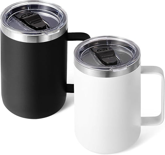 Volhoply 16oz Insulated Coffee Mug with Lid and Straw, Stainless Steel Travel Mugs with Handle, Double Wall Vacuum Leak Proof Coffee Tumbler Cup (Assorted,2)