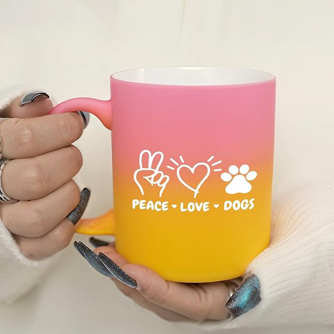 G MUGS Dog Lover Coffee Mug - Gift for Women Men,13oz Ceramic Tea Mug with Peace Love Dogs Design, Cute Paw Print & Heart Mug for Dog Owners Yellow And Pink Mug