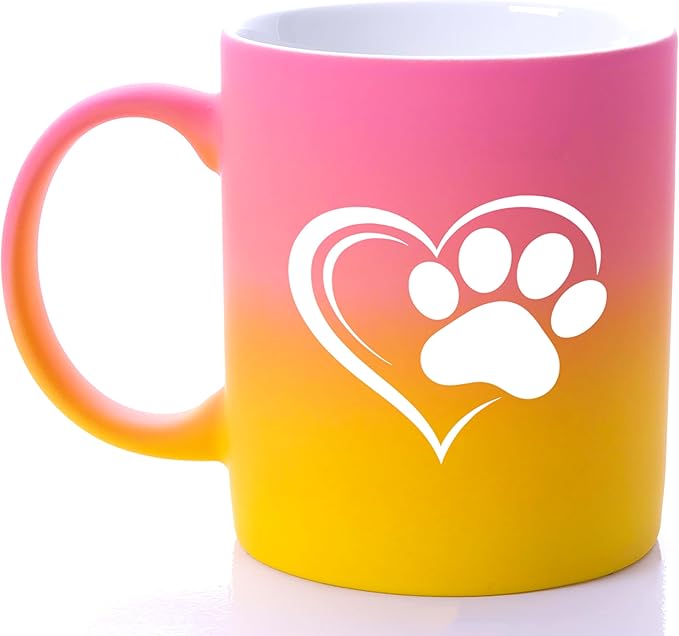 G MUGS Dog Paw Print Coffee Mug - Gift for Pet Owners Women Men, 13oz Ceramic Tea Mug with Heart & Dog Paw Design, Cute Mug for Dog Lovers Yellow And Pink Mug