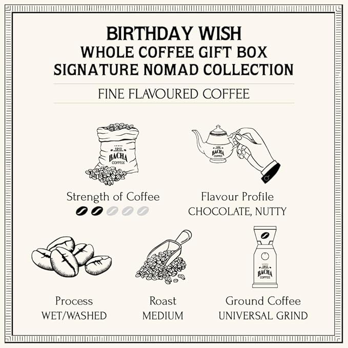Bacha Coffee | Birthday Wish Fine Flavoured, Whole Beans, Medium Roast, 100% Arabica Specialty Coffee, 250g Signature Nomad Collection, Gift Box