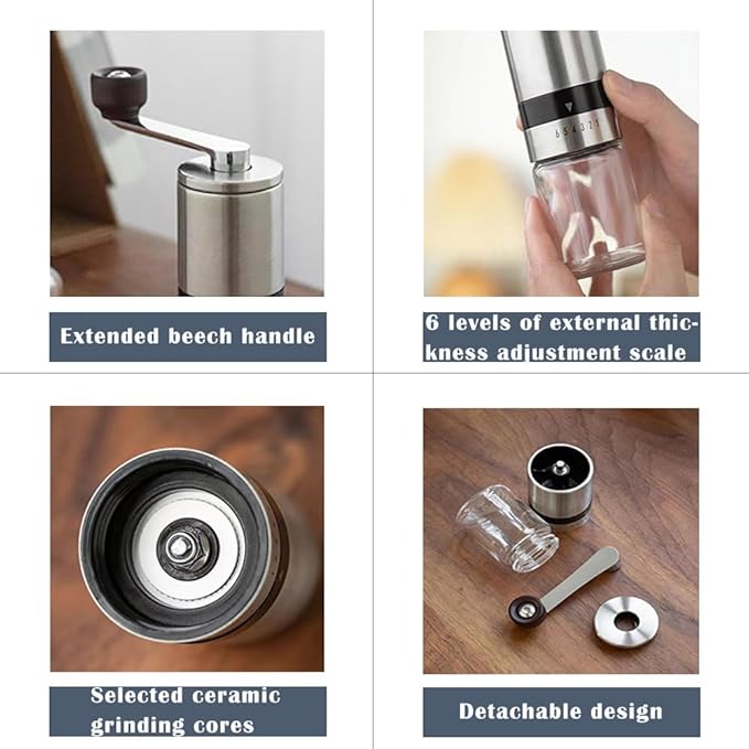 Manual Coffee Grinder-Stainless Steel Hand Coffee Grinder with Adjustable Dragon Tooth Conical Burr, No-Power, Portable Espresso Grinder for Home, Office, Camping or Travel