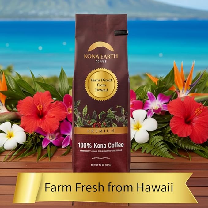 KONA EARTH 100% Kona Premium Coffee, Medium Dark Roast, Whole Bean, 1 lb (16oz) Farm-Direct Authentic Hawaiian Kona Coffee beans from Hawaii’s Big Island, Micro-Batch-Roasted