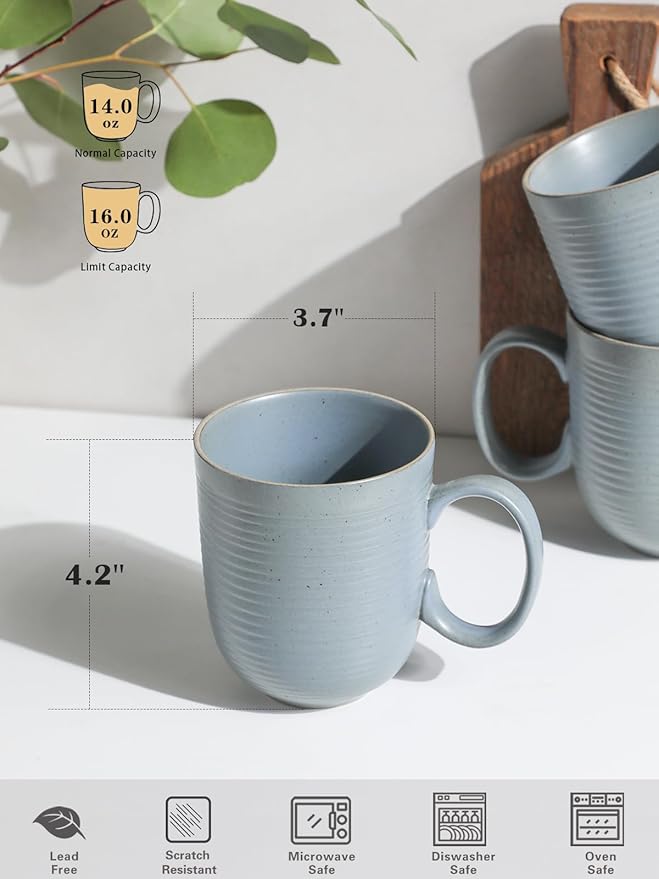Kanwone Coffee Mugs 16 oz, Stoneware Mug Set, Ceramic Coffee Cups with Large Handles, Porcelain Mugs for Latte, Hot Tea, Cappuccino, Milk, Cocoa, Dishwasher Safe - Set of 6, Smoky Blue