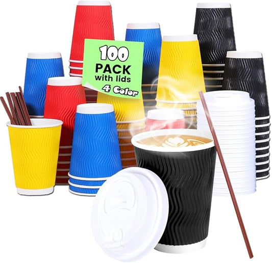 12 oz Coffee Cups 100 Pack, Disposable Coffee Cups with Lids and Straws, Insulated Ripple Wall To Go Paper Coffee Cup for Coffee, Hot Chocolate and Hot Tea Drinks (4 Color