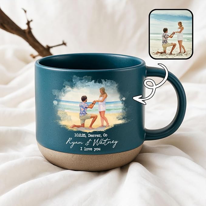 Personalized Engagement Photo Pottery Mug 12oz, Custom Proposal Couple Portrait Mug with Names & Date, Wedding and Anniversary for Couple