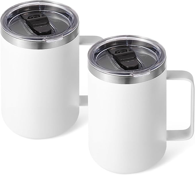 Volhoply 16oz Insulated Coffee Mug with Lid and Straw, Stainless Steel Travel Mugs with Handle, Double Wall Vacuum Leak Proof Coffee Tumbler Cup (White,2)