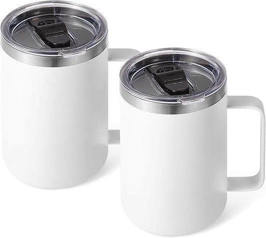 Volhoply 16oz Insulated Coffee Mug with Lid and Straw, Stainless Steel Travel Mugs with Handle, Double Wall Vacuum Leak Proof Coffee Tumbler Cup (White,2)