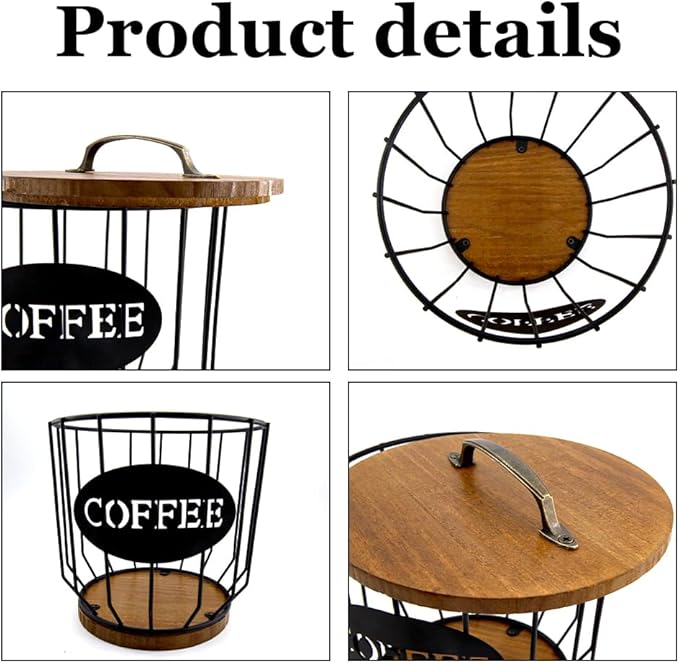 yaenoei 2 Pack Coffee Pod Holder with Lid Coffee Pods Storage Black Wire Coffee Storage Basket Large Capacity K Cup Holder with Wooden Base for Kitchen Countertop, Cafe Bar Organizer, Office Desktop