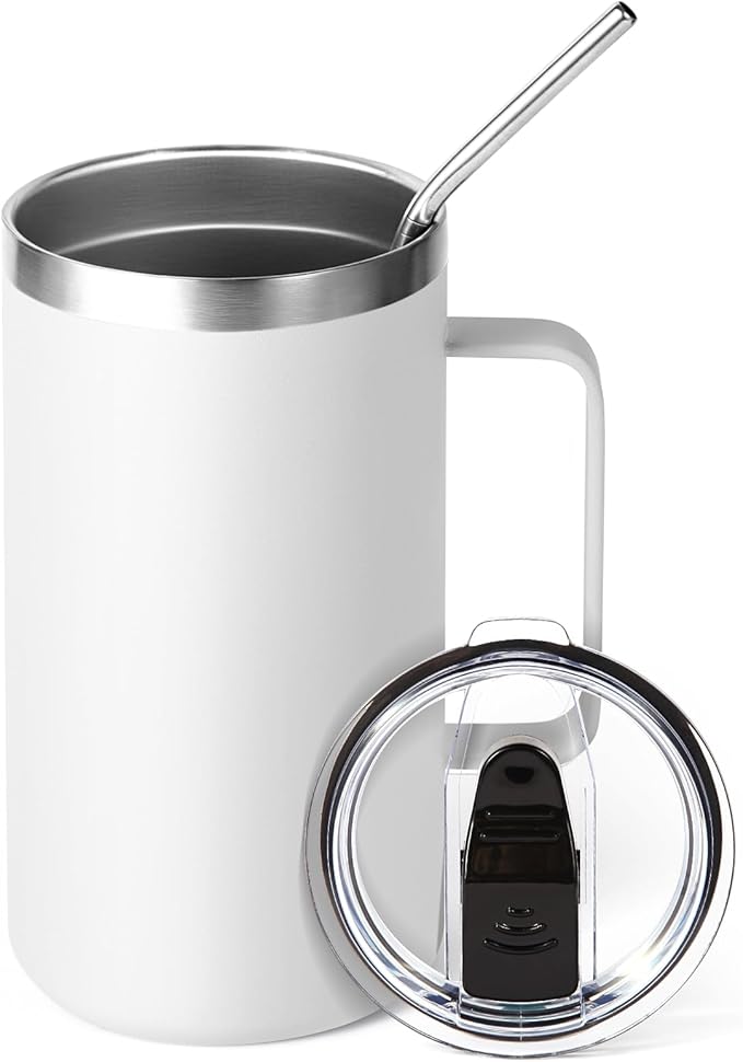 Volhoply 24oz Insulated Coffee Mug with Lid and Straw, Stainless Steel Travel Mugs with Handle, Double Wall Vacuum Leak Proof Coffee Tumbler Cup (White,1)