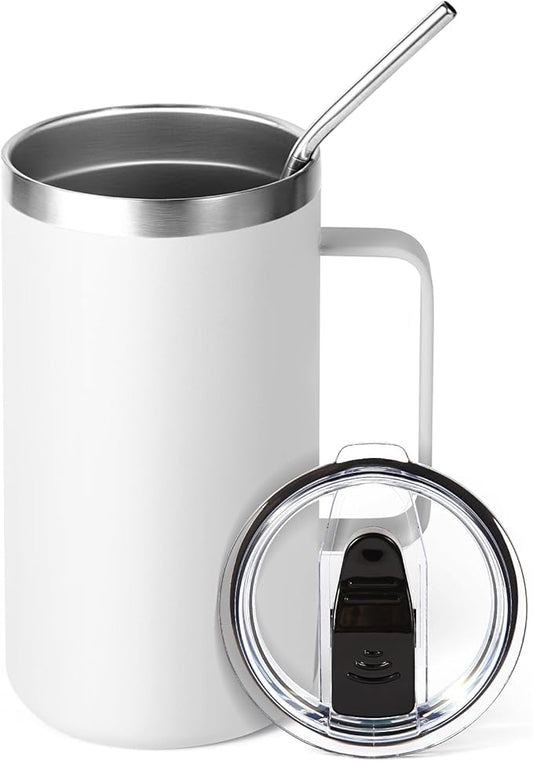 Volhoply 24oz Insulated Coffee Mug with Lid and Straw, Stainless Steel Travel Mugs with Handle, Double Wall Vacuum Leak Proof Coffee Tumbler Cup (White,1)