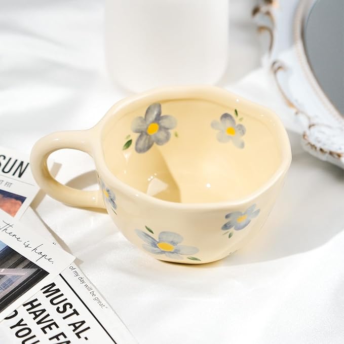MAKCNMYM Ceramic Coffee Mug Vintage Flower Mugs 8 oz Cute Floral Coffee Mugs Irregular Latte Art Cup Lead-free Porcelain Cups for Cappuccino, Cocoa (Blue Flowers)