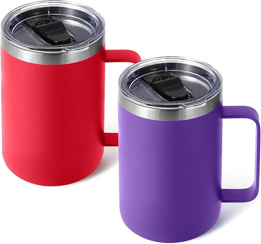 Volhoply 16oz Insulated Coffee Mug with Lid and Straw, Stainless Steel Travel Mugs with Handle, Double Wall Vacuum Leak Proof Coffee Tumbler Cup (Mix,2)