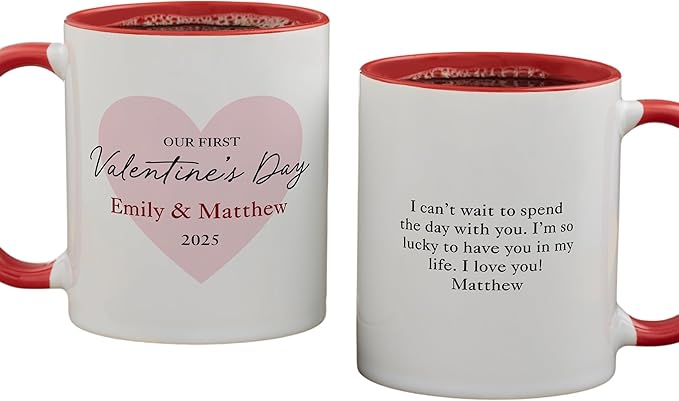 Personalization Universe Our First Valentine's Day Personalized Coffee Mug - 11 oz Ceramic - Customizable Text & Names - Ideal Valentines Day Gifts for Him - Microwave/dishwasher Safe - Red