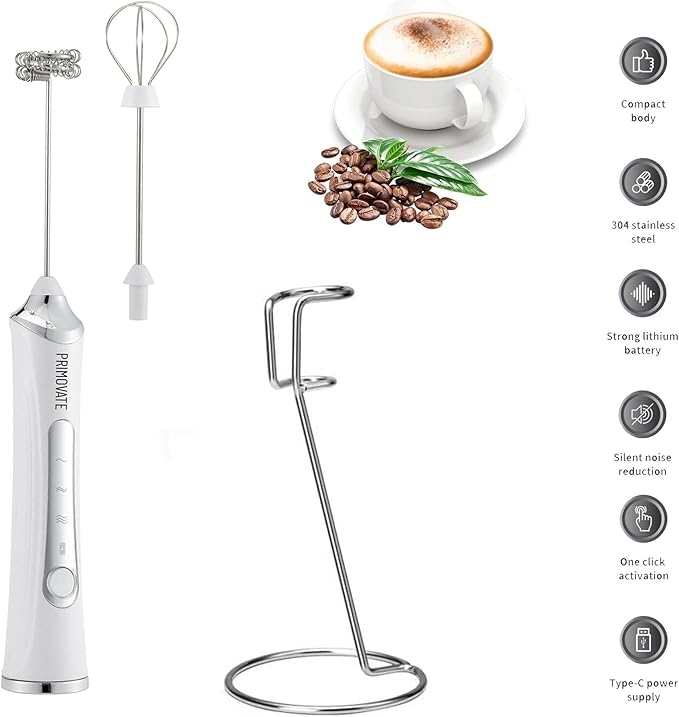 Rechargable Milk Frother, Handheld Drink Mixer with Whisk Attachment, 2025 upgraded powerfull 3 speed motor, Type C charging with charge light, with extra egg mix head (White with Stand)