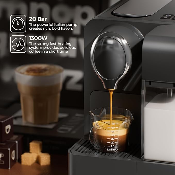 JZ.CAFE Espresso Machine with Integrated Automatic Milk Frother - Single-Serve Coffee Maker Capsule Compatible, One Touch Latte & Cappuccino, Single or Double Shot Espresso Maker