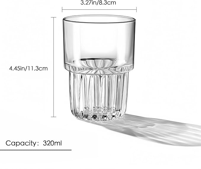 11oz Drinking Glasses Set of 4, Juice Glasses Stackable Tall Glass Mugs for Tea Iced latte Coffee Glass, Beer Glasses, Cocktail Glasses,Water glasses for bar, restaurant
