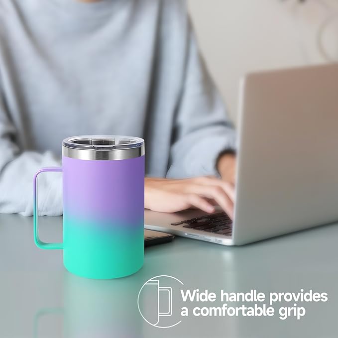 Volhoply 16oz Insulated Coffee Mug with Lid and Straw, Stainless Steel Travel Mugs with Handle, Double Wall Vacuum Leak Proof Coffee Tumbler Cup (Purple Green,1)