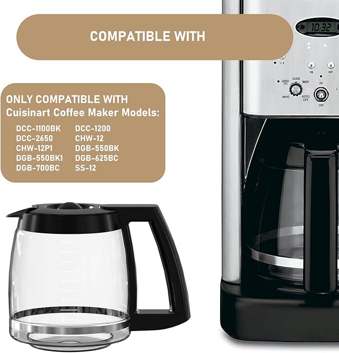 12 Cup Coffee Maker Carafe Replacement Compatible with Cuisinart Coffee Maker DCC-1100BK, DCC-1200, DCC-2650, CHW-12, CHW-12P1, DGB-400, DGB-550BK, DGB-550BK1, DGB-625BC, DGB-700BC, SS-12 and SS-15