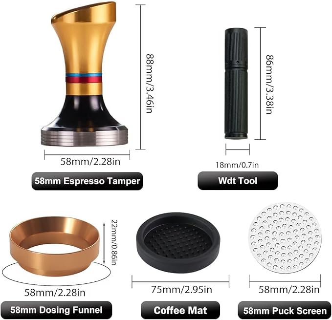 58mm Espresso Accessories Kit, 316 stainless steel Espresso Tamper, WDT Tool, Puck Screen and Dosing Funnel Set Fits Delonghi 58 mm Espresso Coffee Machines and Portafilter, Barista Tools (Golden)