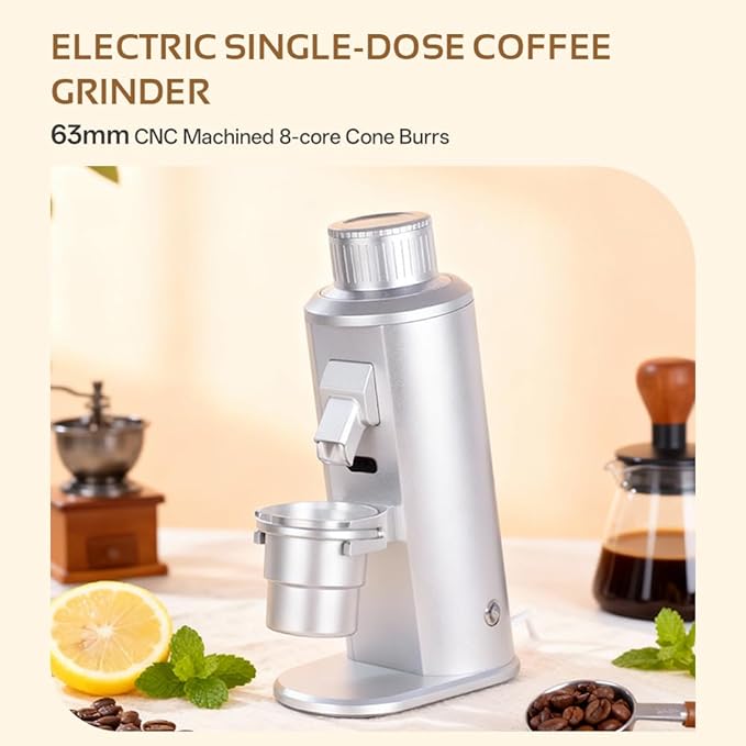 Electric Single Dose Coffee Grinder with Plasma Anti-Static, 63mm Conical Burrs, 350W Brushless Motor 100-450RPM Adjustable, Zero Retention (Black)