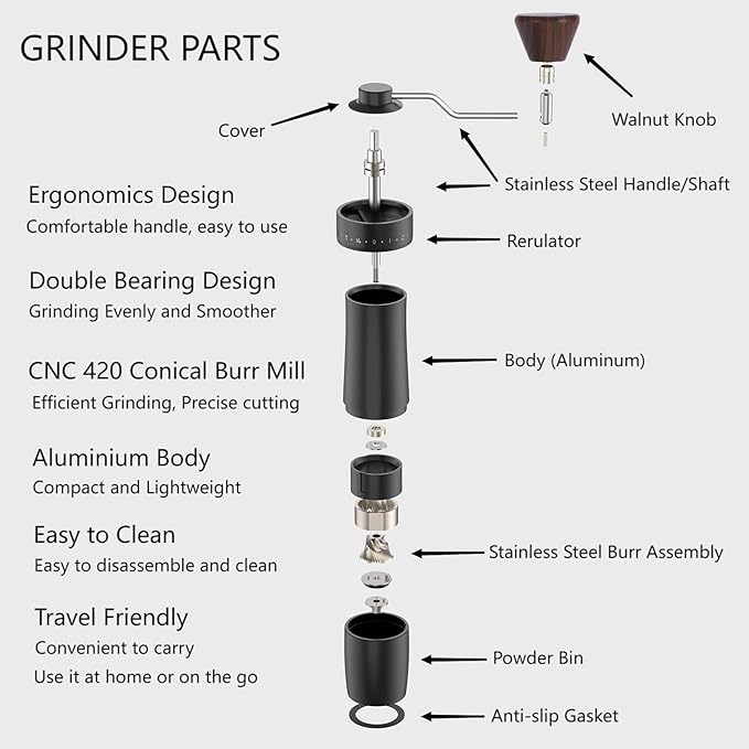 Manual Coffee Grinder, Hxswkk Hand Coffee Bean Grinder with 6-star Stainless Steel Burr for Espresso, Moka, Pour Over, French Press, External Adjustable Setting, for Home Office Travel Camping