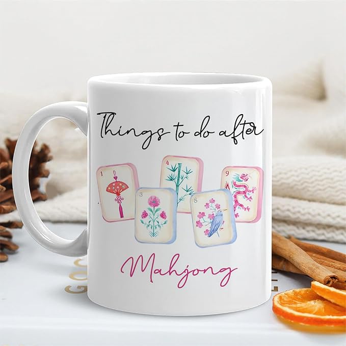 Chinoiserie Mahjong mug Gifts for Women，mah jong Gifts for Mah Jong Players Lovers Coffee Cup,Mahjong Accessories Ceramic Coffee Tea Mug 11 oz
