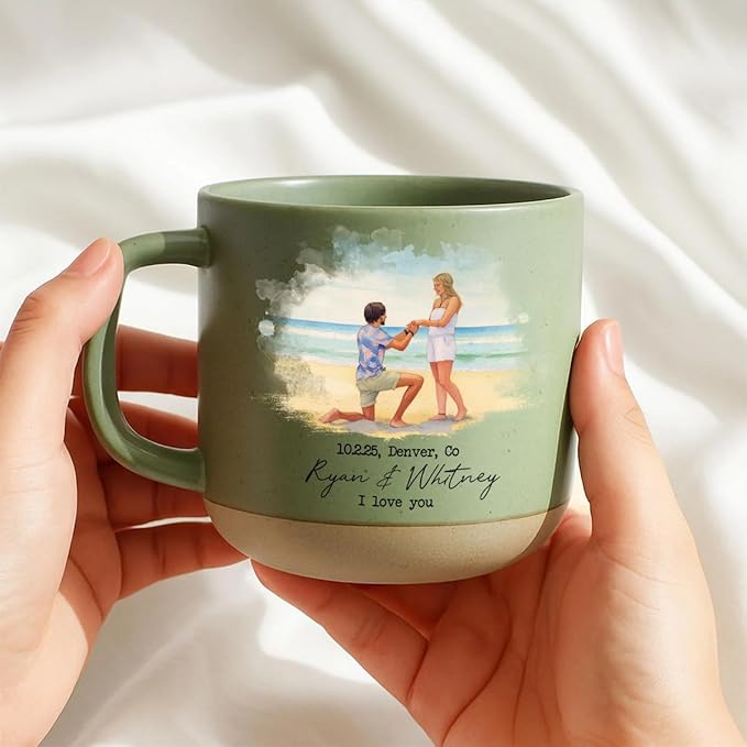 Personalized Engagement Photo Pottery Mug 12oz, Custom Proposal Couple Portrait Mug with Names & Date, Wedding and Anniversary for Couple