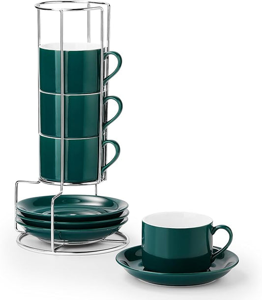 NWYSZ 5 Ounce Green Porcelain Stackable Espresso Cups with Stainless Steel Holder, Set of 4, Durable Ceramic, Perfect for Home, Office or Gift