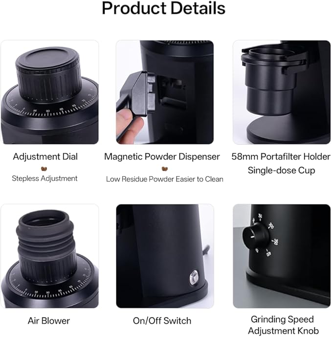 Electric Single Dose Coffee Grinder with Plasma Anti-Static, 63mm Conical Burrs, 350W Brushless Motor 100-450RPM Adjustable, Zero Retention (Black)