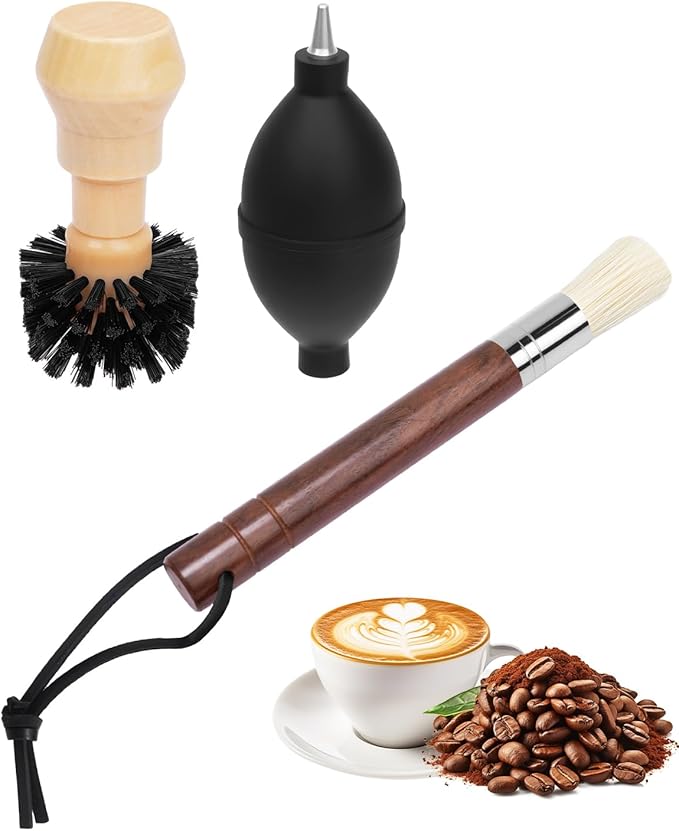 PROKITCHEN 3 Pcs Portafilter Espresso Kit – Ebony Bristle Coffee Brush, Coffee Grinder Brush & Air Blower – Espresso Tool Kit for Machine, Grinder, Countertop