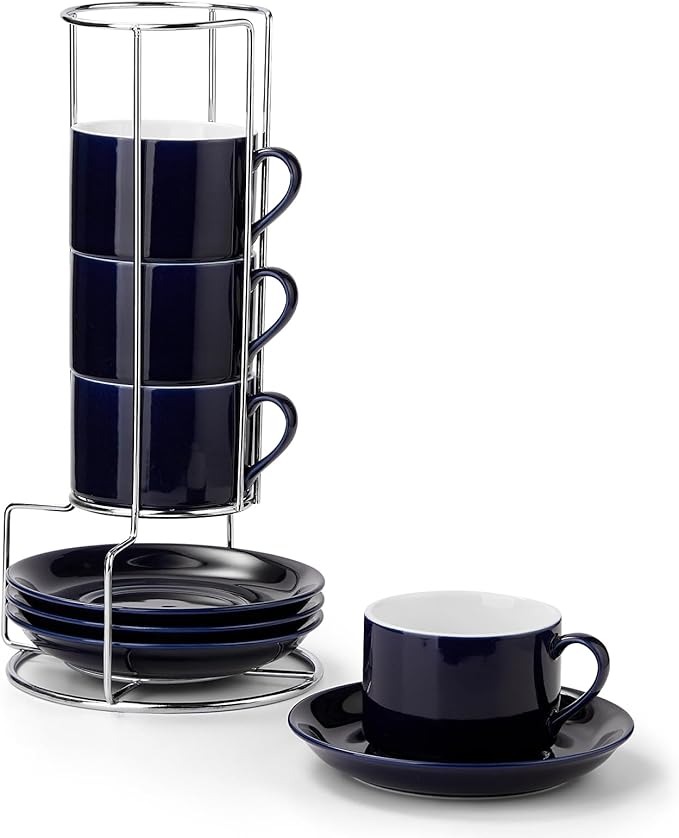 NWYSZ 5 Ounce Blue Porcelain Stackable Espresso Cups with Stainless Steel Holder, Set of 4, Durable Ceramic, Perfect for Home, Office or Gift