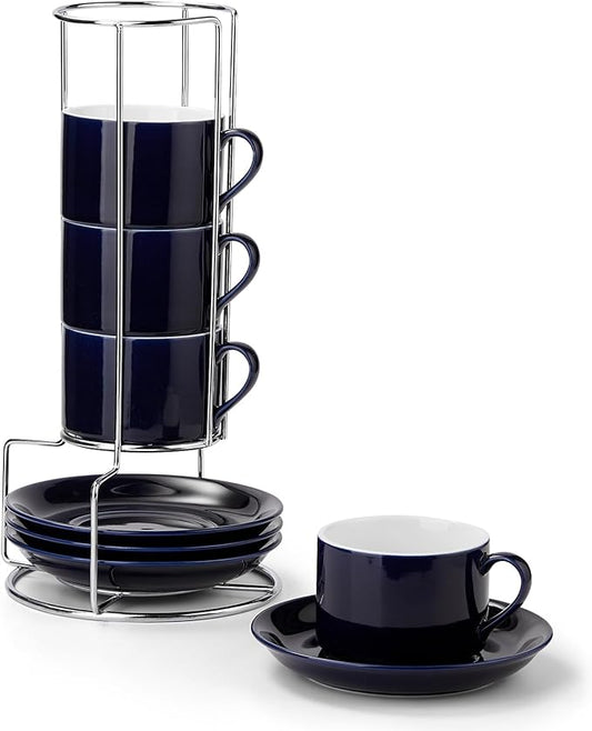 NWYSZ 5 Ounce Blue Porcelain Stackable Espresso Cups with Stainless Steel Holder, Set of 4, Durable Ceramic, Perfect for Home, Office or Gift