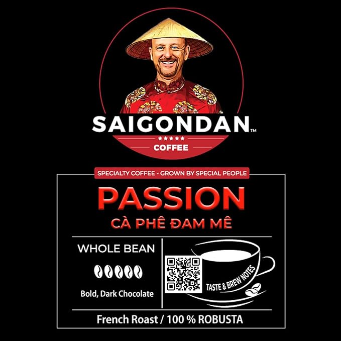 Vietnamese Coffee Beans – Saigondan Passion 100% Robusta French Roast Whole Bean – Premium Single Origin, Direct Trade Vietnamese Coffee – Bold Dark Chocolate Flavor – 12 oz