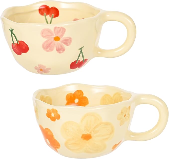 MAKCNMYM Ceramic Coffee Mug Set of 2 Vintage Flower Mugs 8 oz Cute Floral Coffee Mugs Irregular Latte Art Cup Lead-free Porcelain Cups for Cappuccino, Cocoa (Pink Cherry and Orange Flower)