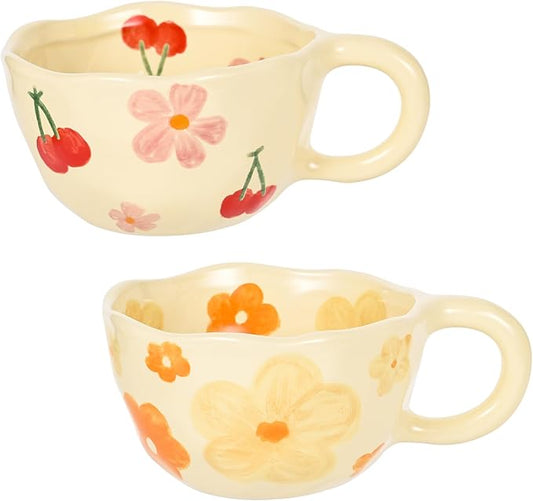 MAKCNMYM Ceramic Coffee Mug Set of 2 Vintage Flower Mugs 8 oz Cute Floral Coffee Mugs Irregular Latte Art Cup Lead-free Porcelain Cups for Cappuccino, Cocoa (Pink Cherry and Orange Flower)