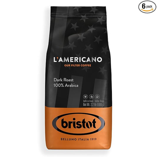 Bristot L‘americano Filter Coffee | Italian Coffee Beans | 100% Arabica | Dark Roast | 2.2lbs/1kg - 6 Bags