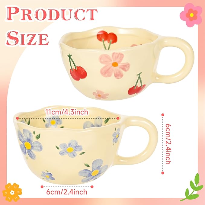 MAKCNMYM Ceramic Coffee Mug Set of 2 Vintage Flower Mugs 8 oz Cute Floral Coffee Mugs Irregular Latte Art Cup Lead-free Porcelain Cups for Cappuccino, Cocoa (Pink Cherry and Blue Flower)