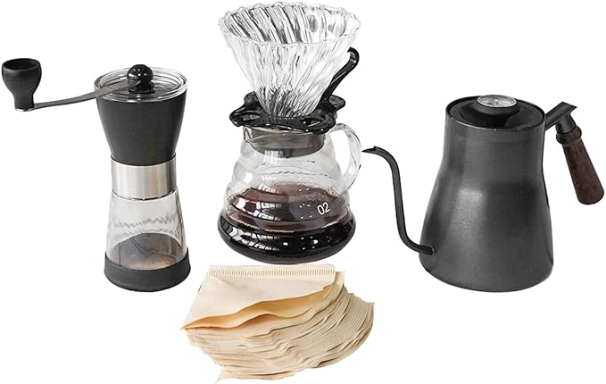 SOTECH Manual Coffee Maker Set with 850ml Stainless Steel Kettle, All in One Coffee Brewing Kit, Hand grinder, Travel Case for Outdoor Camping, Office