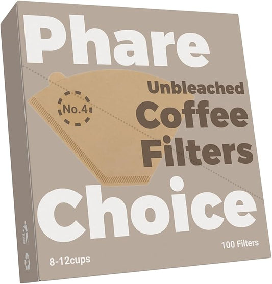 Phare Choice #4 Coffee Filters, 100 Count, Fits Ninja and Cuisinart 8-12 Cup Coffee Makers, Natural Unbleached Paper, No Blowout Design, Compatible with Pour Over Cones