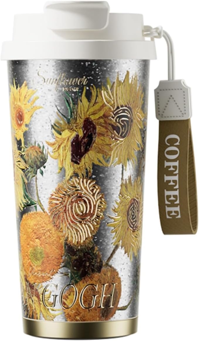 JWANGYUDG-100% Fully Titanium 17.5 oz Mug, 12-hour Thermal Insulation Coffee Mug, Artistic Travel Coffee Mug, Reusable Coffee Cup (Sunflower)